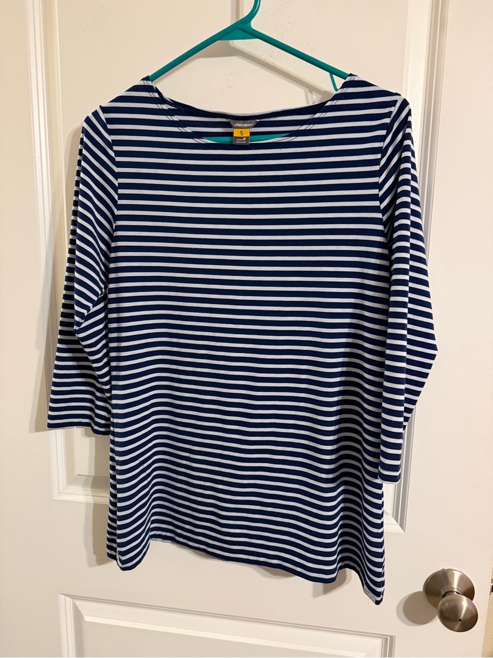 Eddie Bauer Women's  Navy and White Stripe Boatneck Top